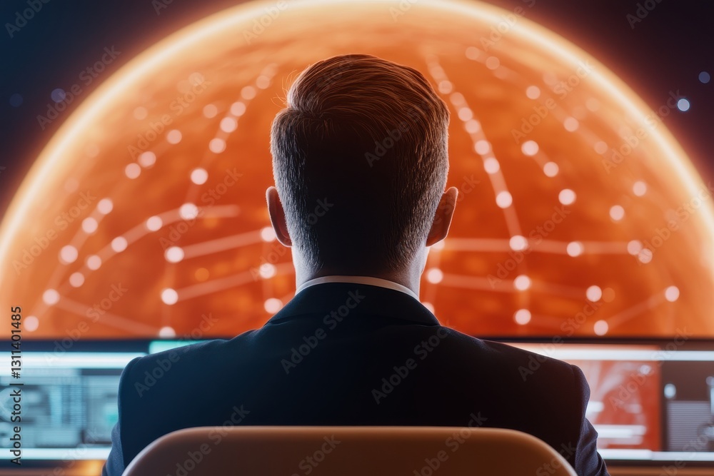 Poster man gazes at glowing planet screen in deep thought