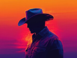 Silhouette of a cowboy at sunset