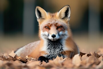 Fototapeta premium Rustic scene featuring fox resting among autumn leaves, showcasi