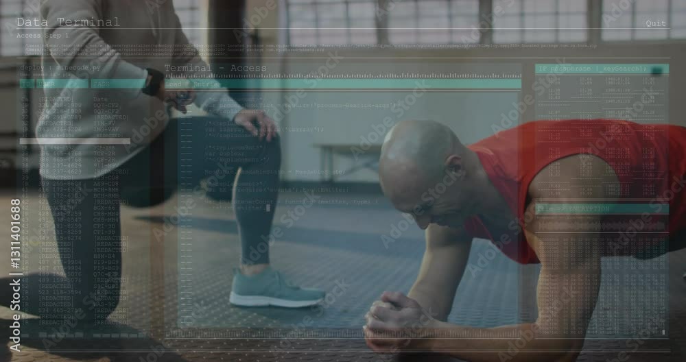 Poster man exercising in gym with digital data processing animation overlay
