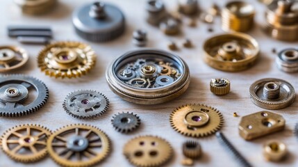 Watchmaker's workbench gears, clock parts, repair, workshop, intricate details, precision, mechanics, tools, background, industry