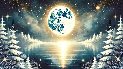 雪が降る夜の森の湖に反射する満月の光の水彩風イラスト