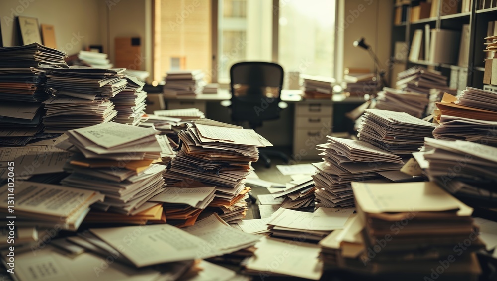Poster office clutter filled with stacked papers and disorganization in a busy workspace during daylight ho