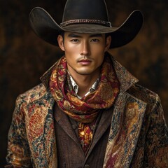 Stylish cowboy portrait with vibrant attire.