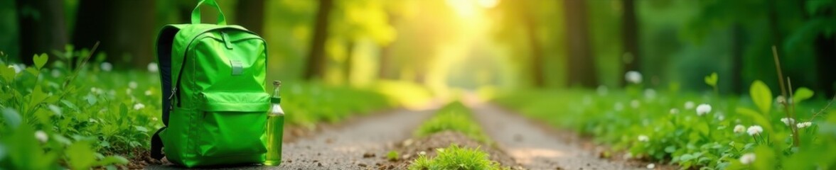 Bright green rucksack; clear bottle; lonely pathway , open, backpack, rucksack