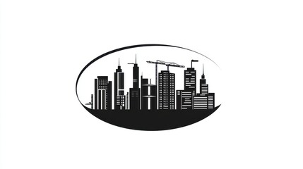 Cityscape under construction, oval frame, graphic design, illustration