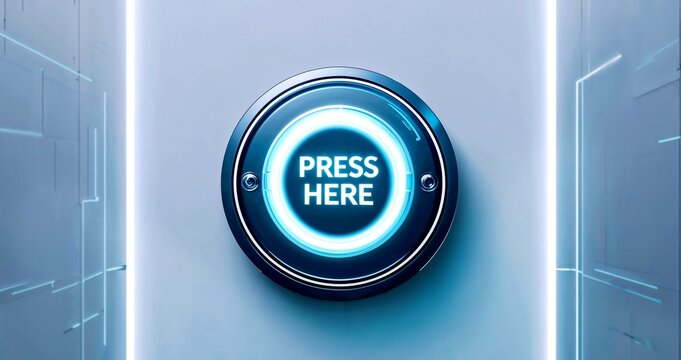 A high-tech futuristic led button labeled "PRESS HERE" glows intensely on abstract digital blurred background