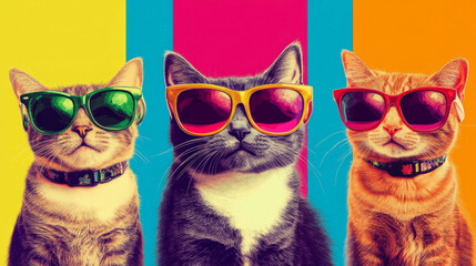 Three groovy cute cats in sunglasses pop art style rainbow background copy space, trippy psychedelic bright colorful silly and fun invitation party rave music pet grooming hallucination illustration
