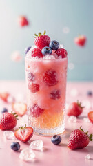 Beautiful dessert with layers of fresh berries and ice cream on pink background
