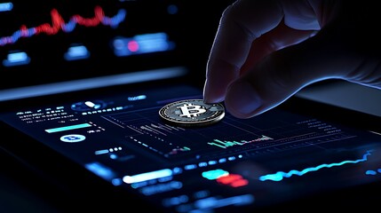 Hand Placing Cryptocurrency Coin on Tablet Screen Showing Financial Charts