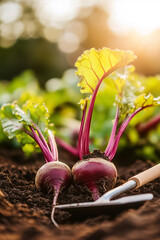 In a serene garden, bright beetroot tops peek through fertile soil, bathed in warm sunlight. A gardening trowel rests patiently beside the flourishing vegetables, inviting growth and care