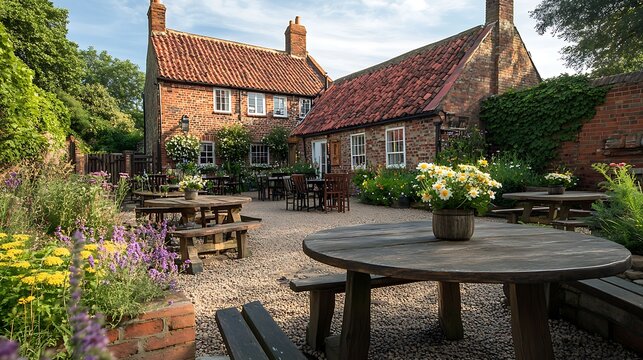 Quaint pub garden patio, sunny day