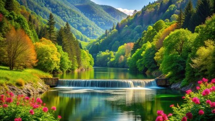 Serene Waterfall Cascading into a Tranquil River Surrounded by Lush Green Foliage and Vibrant Blossoms on a Sunny Day