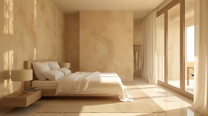Minimalist Modern Bedroom with Beige Stucco Wall, Calm Interior Design