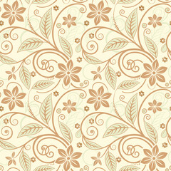 Elegant seamless pattern showcasing stylized flowers and leaves in a neutral color scheme.