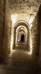 Fototapeta premium Dimly lit stone corridor with arches and shadows