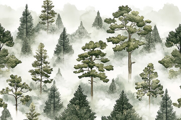 Fototapeta premium Lush green forest scene with towering trees shrouded in mist, evoking tranquility and nature's beauty