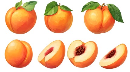 Peach fruit illustrations, various views, against white