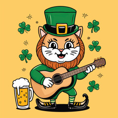 A cartoon leprechaun is playing an acoustic guitar while wearing a green top hat celebrating St Patrick's Day
