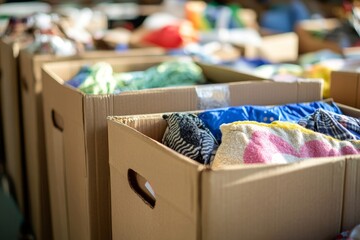 Donation Boxes Filled with Warm Winter Clothes Blankets Hats Help Care Pile Giving Gloves Charity   
