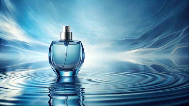 Serene Aqua Fragrance Bottle on a Tranquil Water Surface Reflecting a Calming Sky