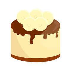 Banana chocolate cheesecake. A creamy dessert, cake with chocolate sauce and slices. Perfect for food, bakery branding, menus, and stickers. Vector illustration, flat style.