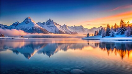 Fototapeta premium Serene Winter Sunrise Over Majestic Mountain Range Reflecting in Calm Lake Waters