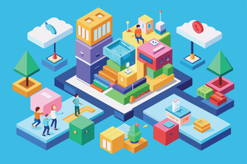 A lively isometric city design showcases colorful buildings, trees, and characters engaged in various activities, Preferences Customizable Isometric Illustration
