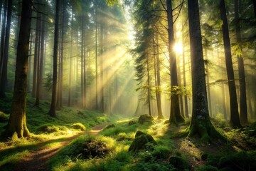 Fototapeta premium Photograph a dense forest with sunlight filtering through the trees, creating a magical and ethereal atmosphere