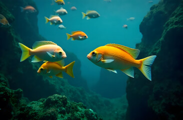 underwater world, corals, a school of fish, on the reef. Scuba diving concept
