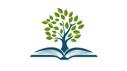 Open book with green tree logo, education, knowledge, growth