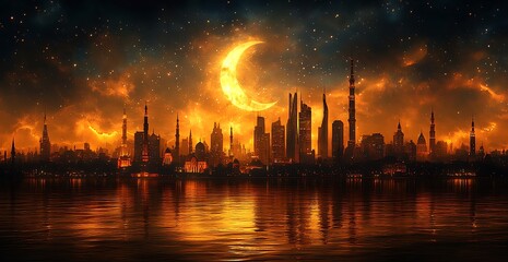 Futuristic Skyline with Crescent Moon and Reflective Waters