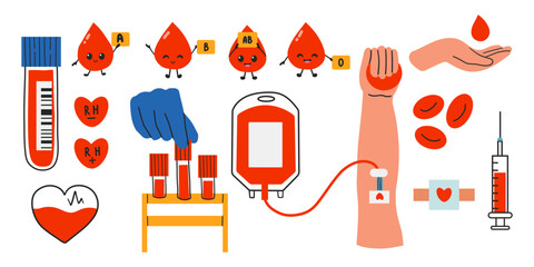 Blood bag, hearts, cute drop mascot. Hand drawn Vector illustrations. Hematology icons set. Donate Blood, Health Care Concept. World Blood Donor Day. Trendy digital art. All elements are isolated