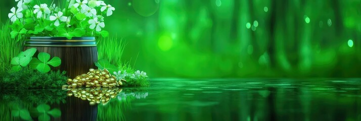 Tranquil Nature Background: Green Reflection on Water with Vibrant Spring Blooms and Lush Greenery in a Serene Botanical Forest Setting