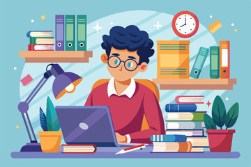 A focused student prepares for upcoming exams, using a laptop amid textbooks and study aids, preparation for student exams or exams