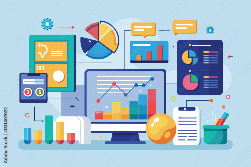 Poster team members prepare a business report using charts, graphs, and data analysis tools on a computer s