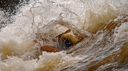 Kayaker plunging into a roaring rapid, water splashing violently-3