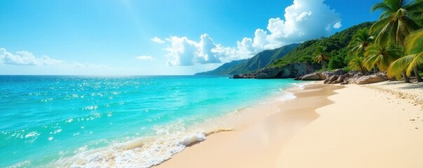 Sun-drenched coastal view, turquoise water, sandy beach, summer landscape, coastal