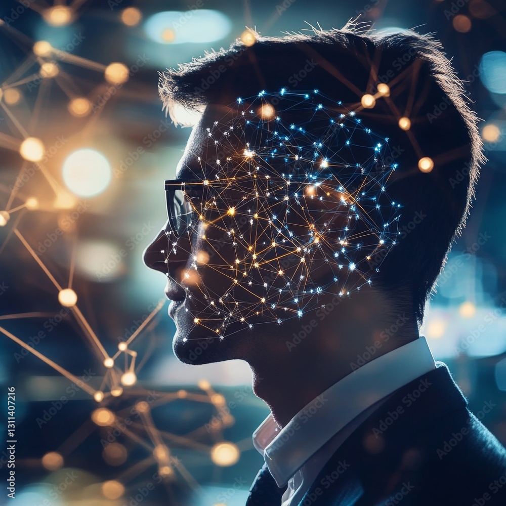 Poster a man's face is shown in a computer generated image with a lot of lines and dots