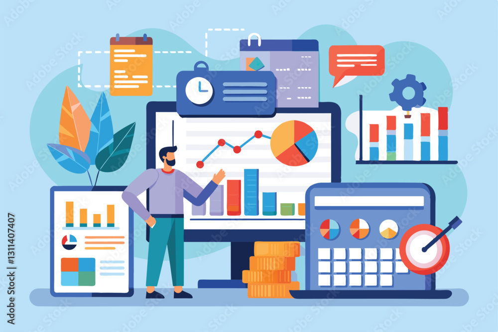 Poster a person prepares monthly reports using charts and statistics displayed on multiple screens and devi