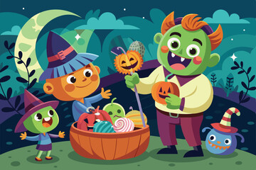 Naklejka premium Kids are excitedly preparing a Halloween candy basket filled with colorful treats and decorations, Preparing halloween candies basket Customizable Cartoon Illustration