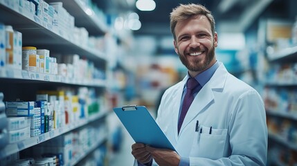Smiling Pharmacist Holding Clipboard in Pharmacy Aisle, Healthcare, Pharmaceutical Industry
