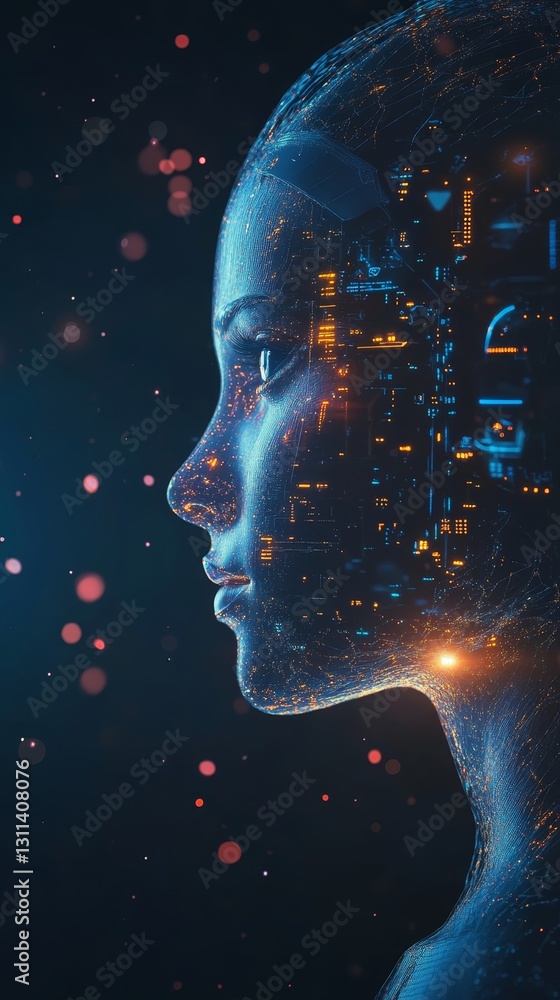 Poster futuristic profile of a human-like robot with digital elements