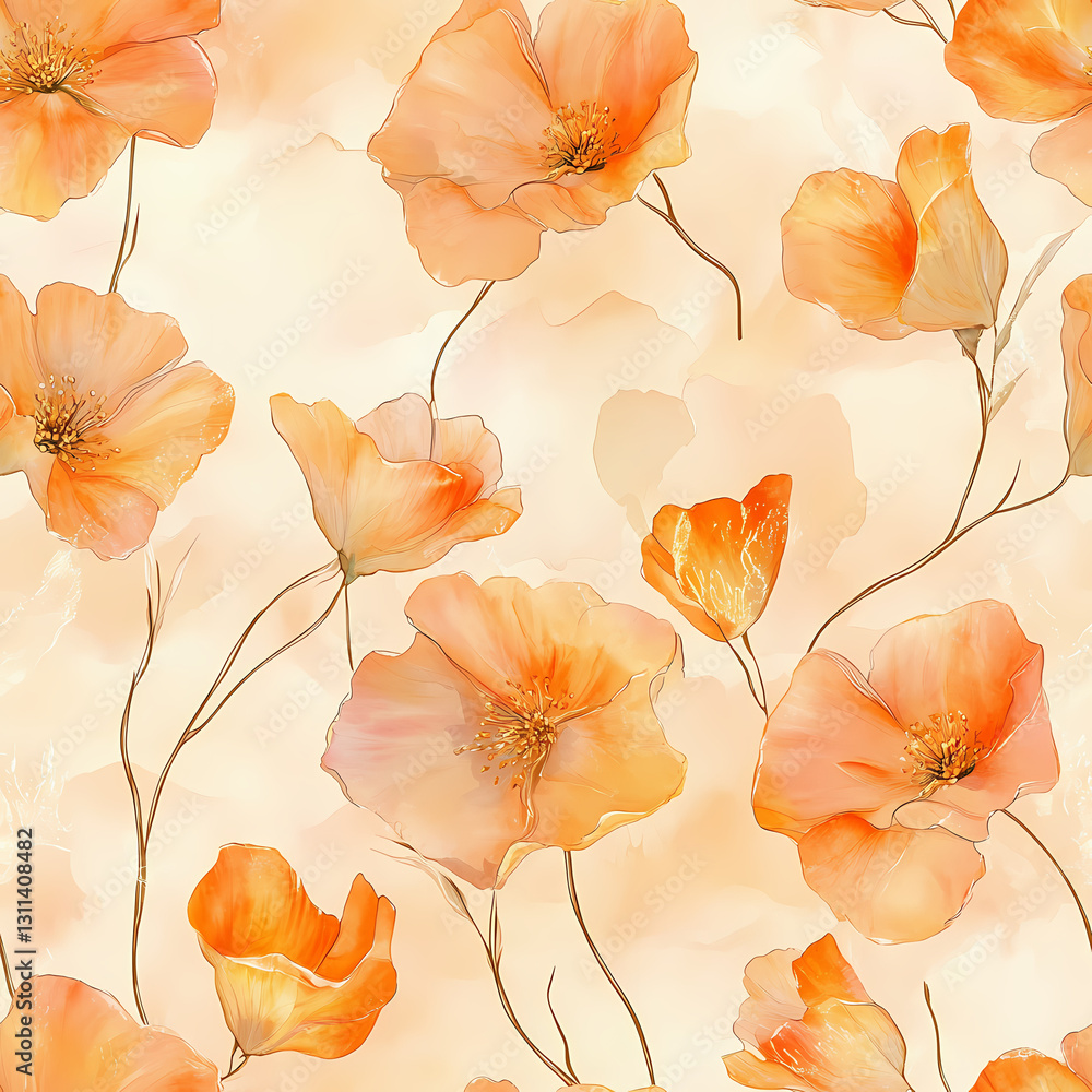 Aufkleber floral pattern with orange poppies on soft beige background generative ai