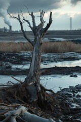 Abandoned landscape: A dead tree starkly contrasts with the backdrop of industrial decay and urbanization.