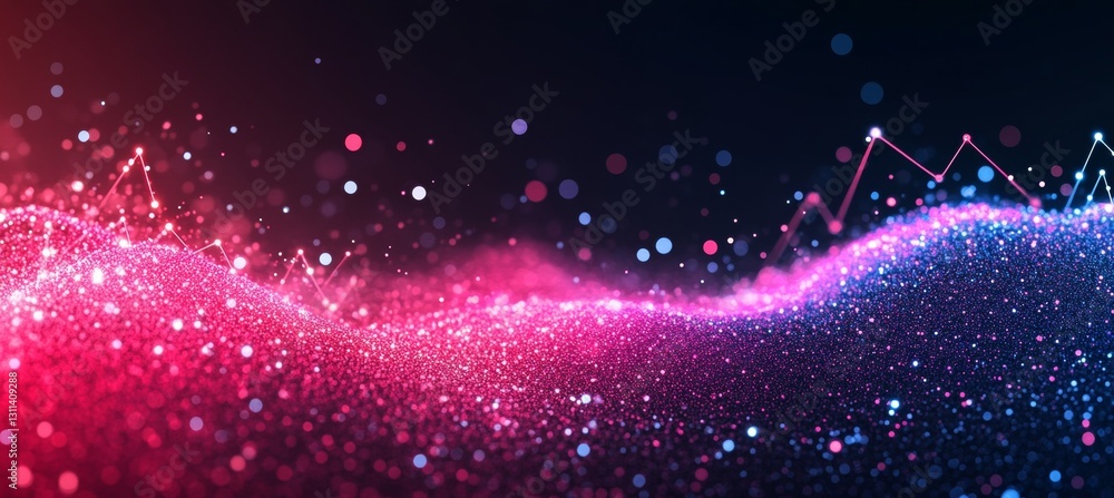Poster abstract data visualization with glowing particles and futuristic lines on a dark background