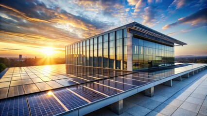 Modern glass building with rooftop solar panels at sunset reflecting golden hour light