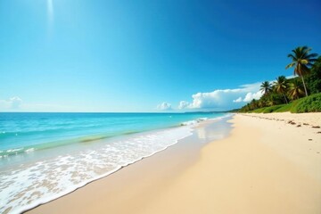Fototapeta premium Extensive sandy expanse at low tide, clear blue sky overhead, expansive, coast