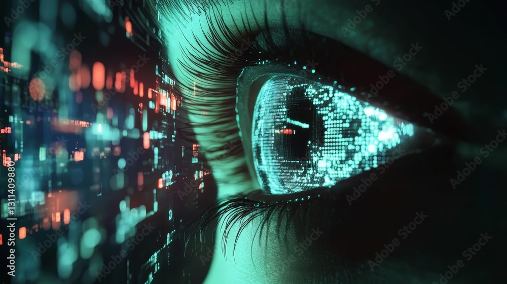 Poster futuristic eye with digital elements and data visualization effects