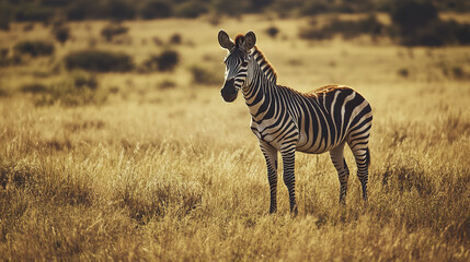 Fototapeta premium Zebra standing in golden savanna under warm sunlight